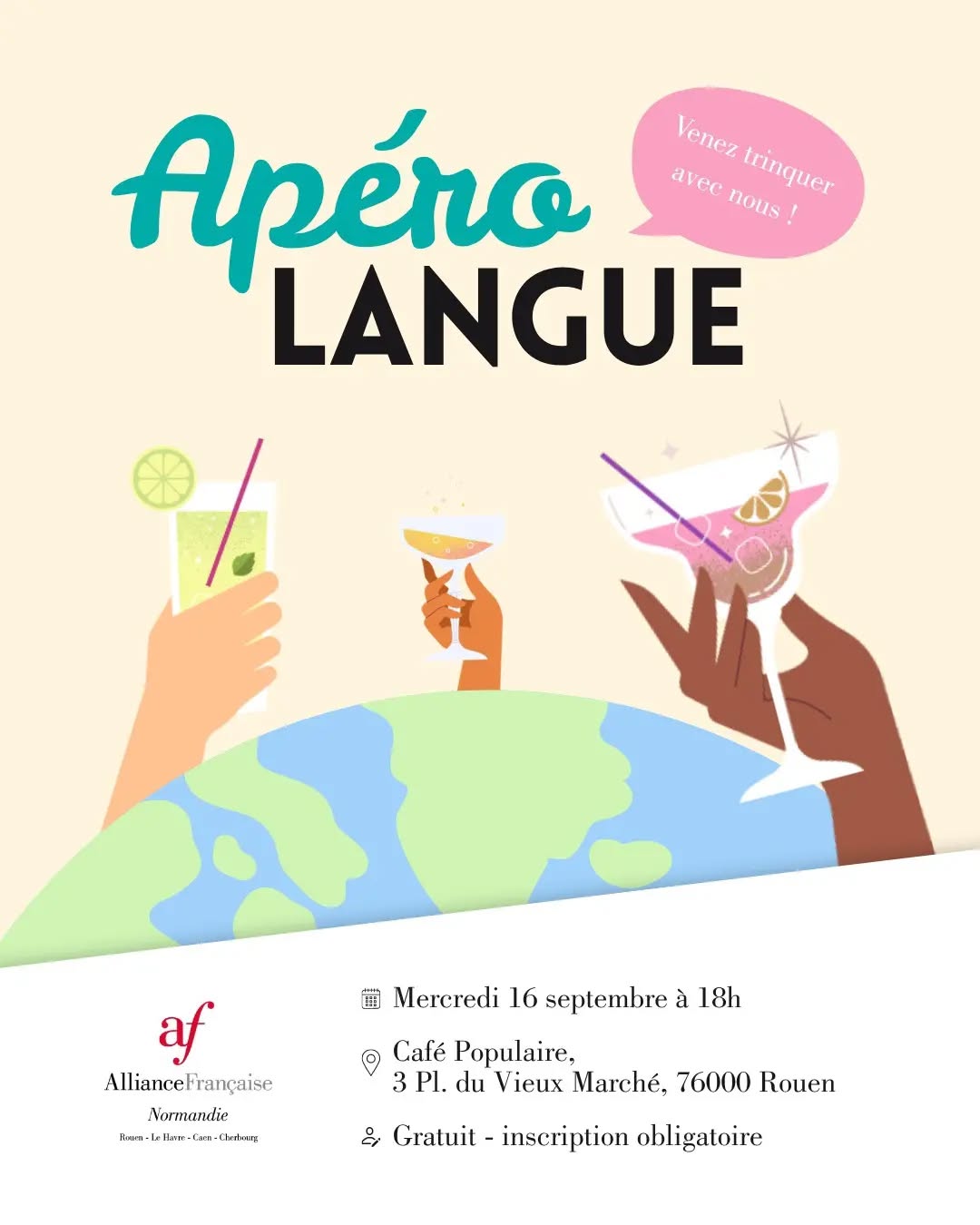 Apéro Langue 🍷
Envie de pratiquer le français et de faire de nouvelles rencontres ? Rejoignez-nous pour un moment conv