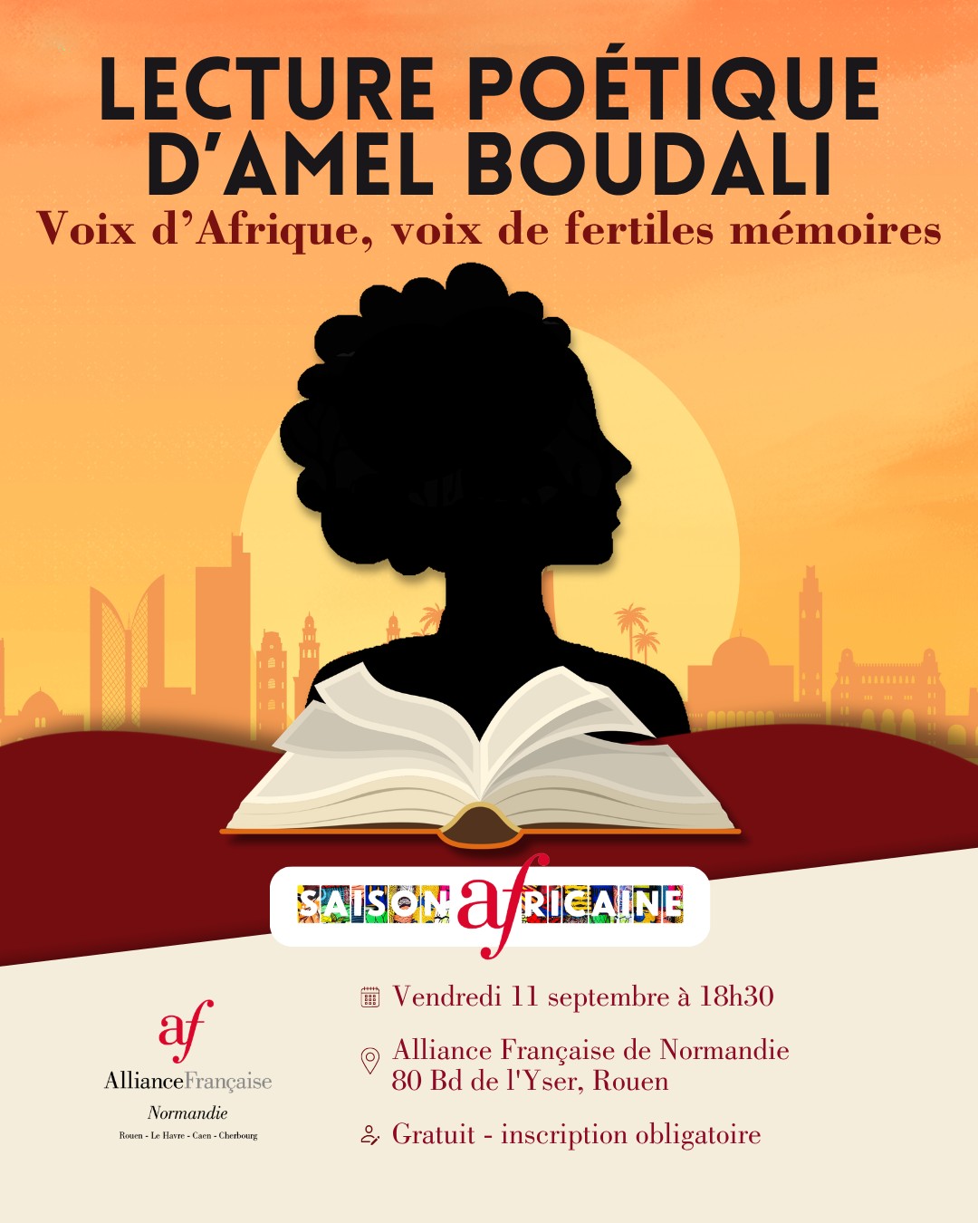 Lecture poétique d’Amel Boudali : Voix d’Afrique, voix de fertiles mémoires
Lors de cette soirée, explorez comment les