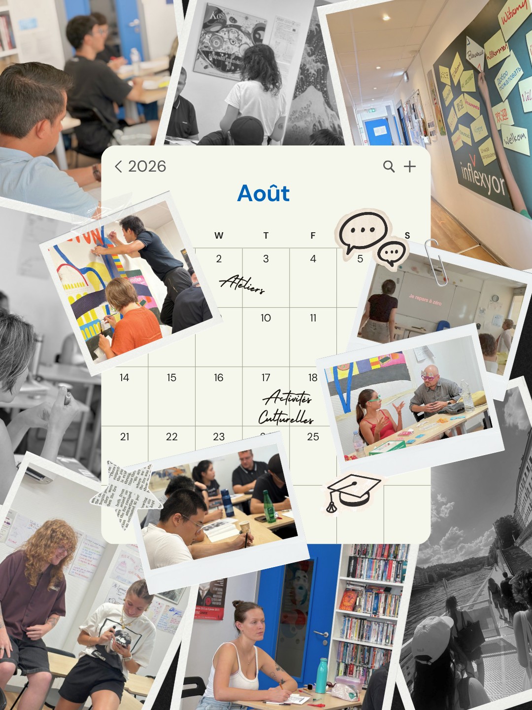 ☀️ Août chez Inflexyon 💙
Un mois de français, de découvertes et de beaux moments partagés ! 🇫🇷✨
Entre les cours, le