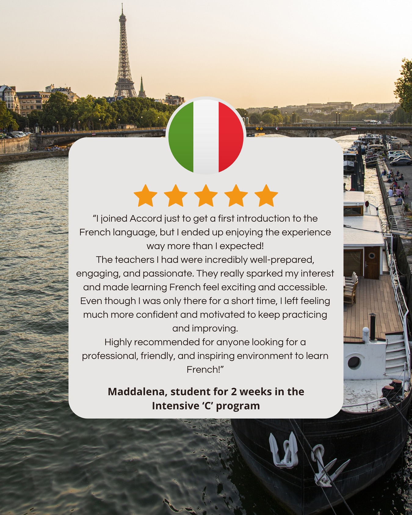 Un grand merci pour votre avis 5 ⭐️ Maddalena 🇮🇹 ! On espère vous revoir rapidement dans notre école ACCORD Paris !